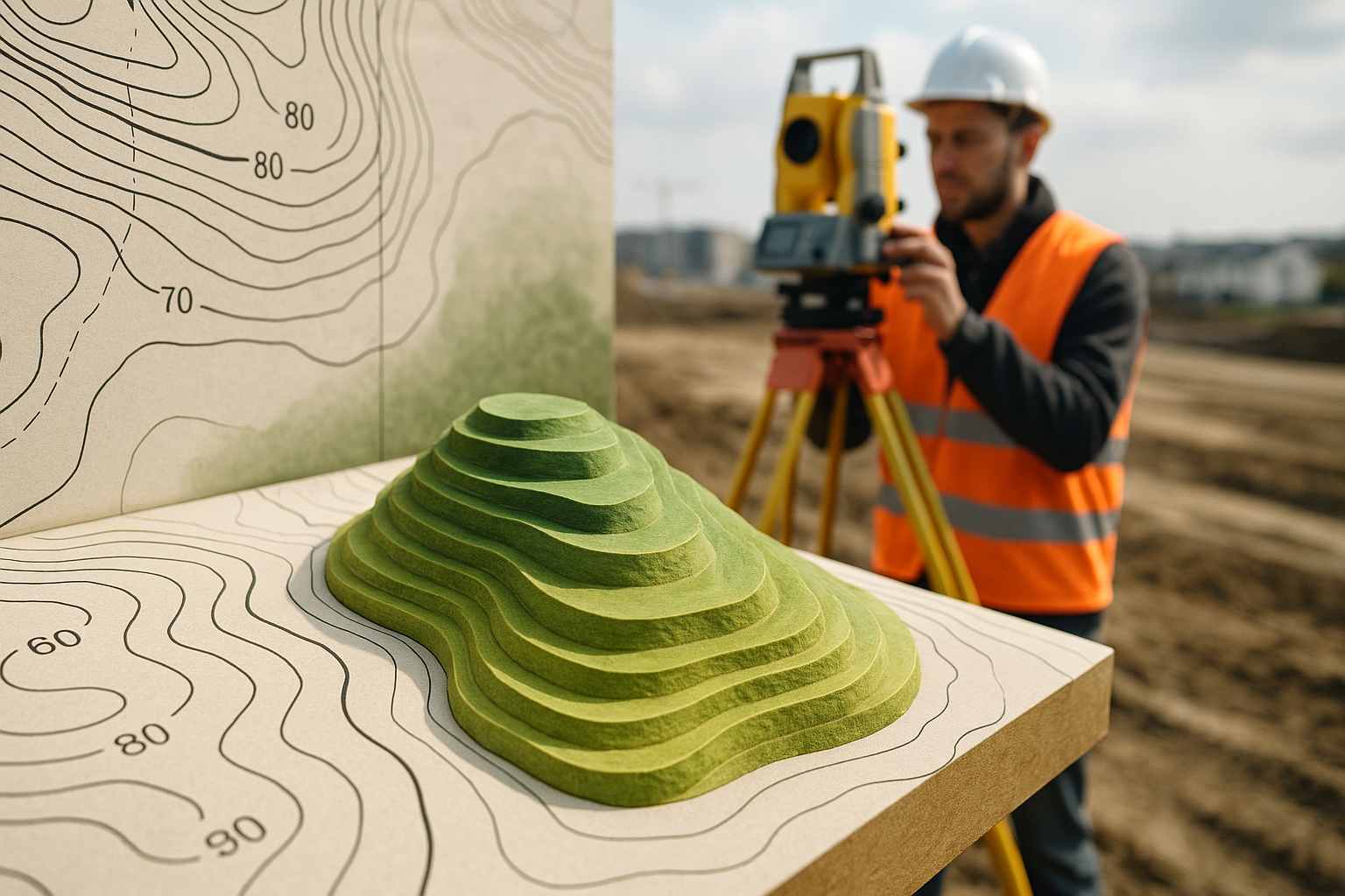 Geodeta wykonujący pomiary wysokościowe na budowie w Poznaniu