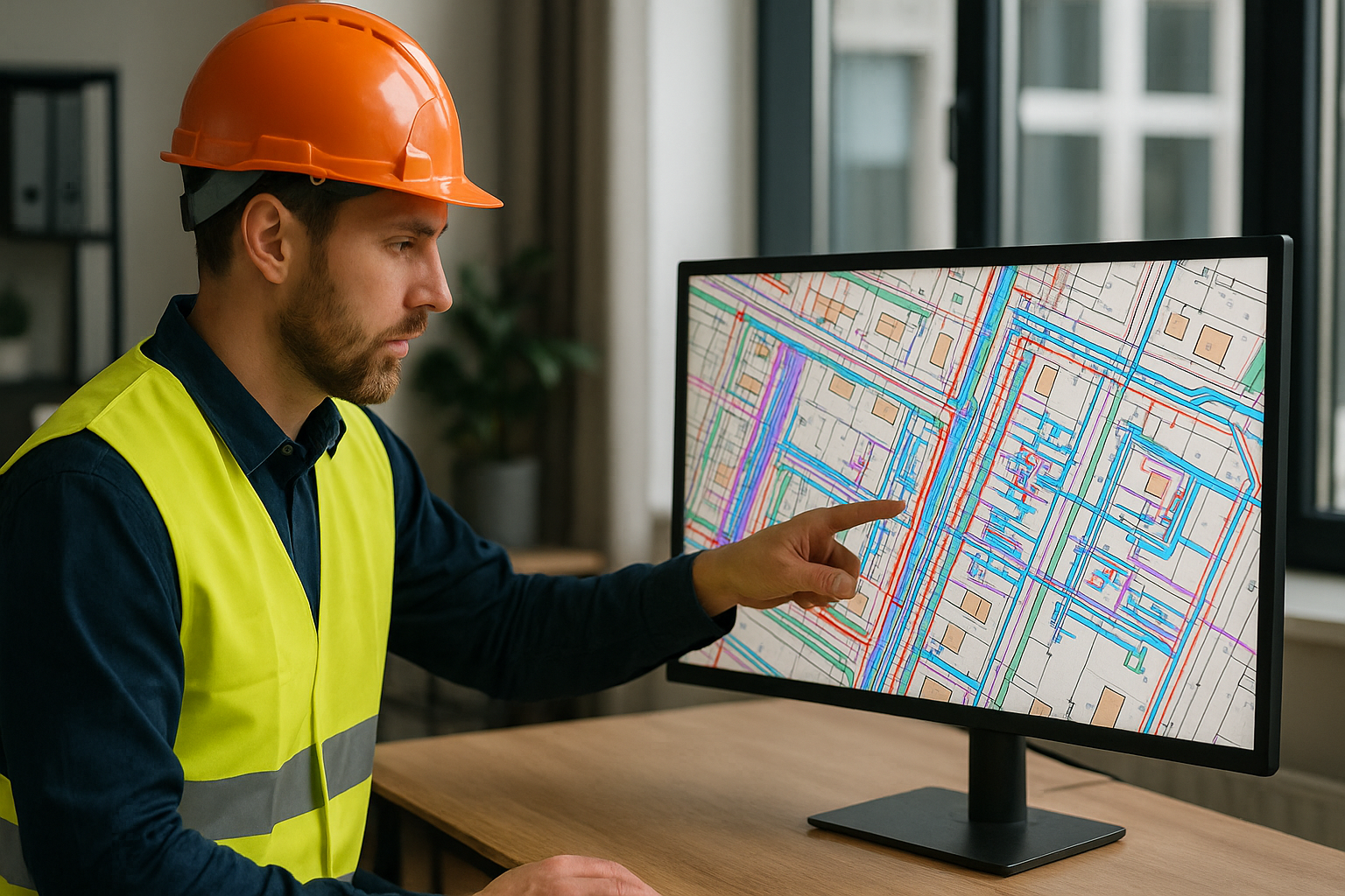 Geodeta z Poznania omawiający mapę zasadniczą na ekranie komputera