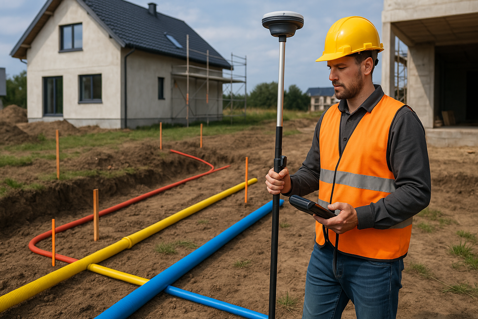 Geodeta wykonujący pomiar przyłączy wodociągowych, gazowych i energetycznych na działce budowlanej