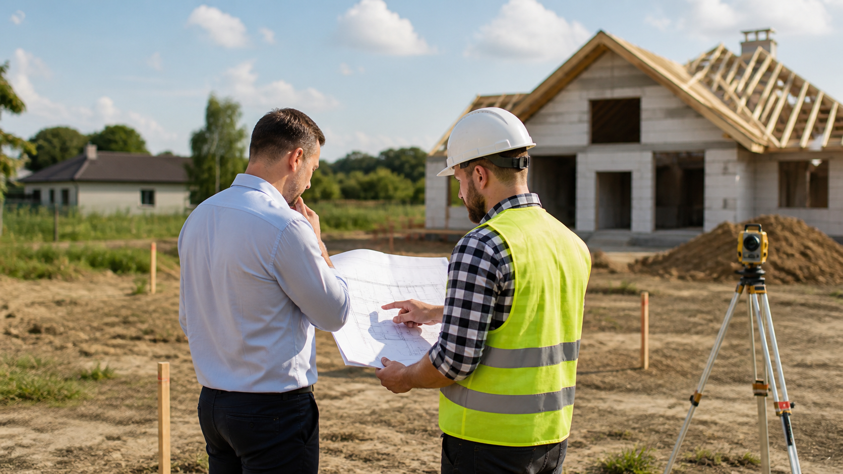 Inwestor rozmawiający z geodetą na placu budowy domu przy dokumentacji i wytyczeniu terenu